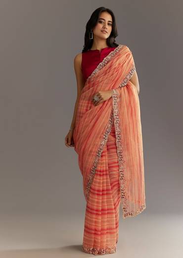 Peach Red Shaded Shibori Print Tissue Saree With Embroidered Scallop Border