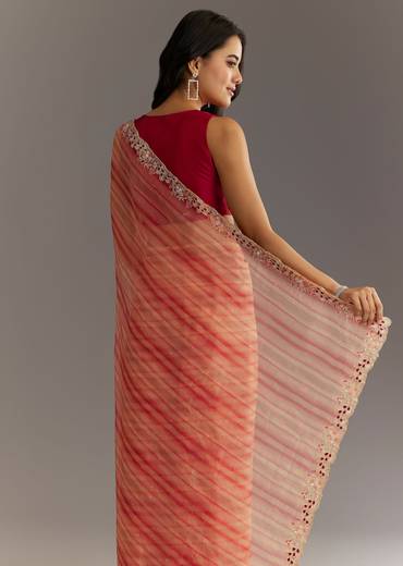 Peach Red Shaded Shibori Print Tissue Saree With Embroidered Scallop Border