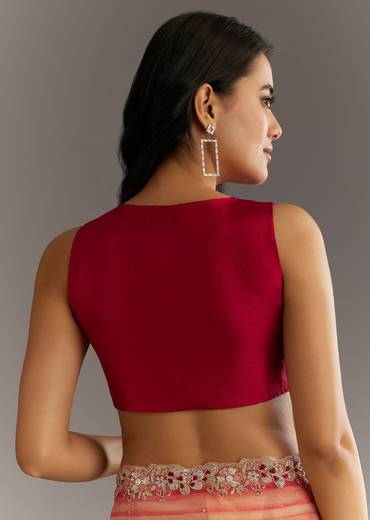 Peach Red Shaded Shibori Print Tissue Saree With Embroidered Scallop Border