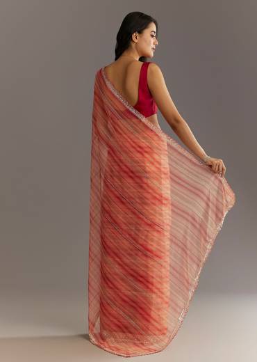 Peach Red Shaded Tissue Saree With Cutwork Scallop Border
