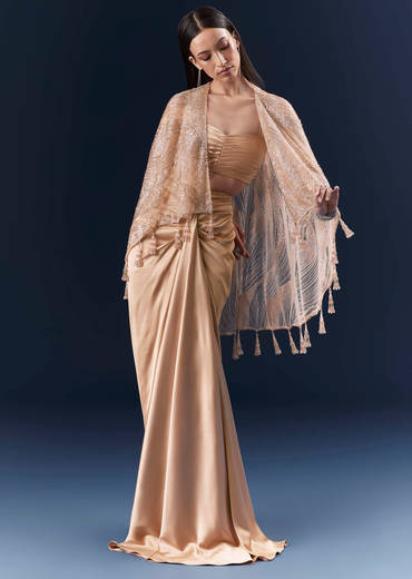 Peach Satin Crop Top And Skirt Set With Cutdana And Beads Embellishments