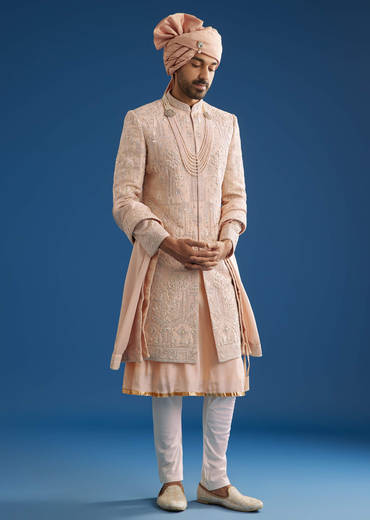Peach Silk Groom Sherwani Set With Zardosi Embroidery