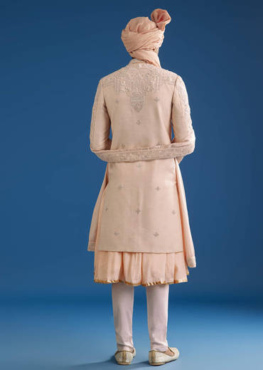 Peach Silk Groom Sherwani Set With Zardosi Embroidery