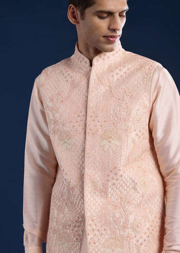 Peach Silk Jacket Kurta Set with Dori Work