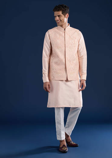 Peach Silk Jacket Kurta Set with Dori Work