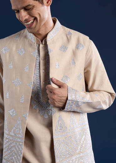 Peach Silk Jacket Kurta Set with Zari Work