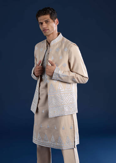Peach Silk Jacket Kurta Set with Zari Work