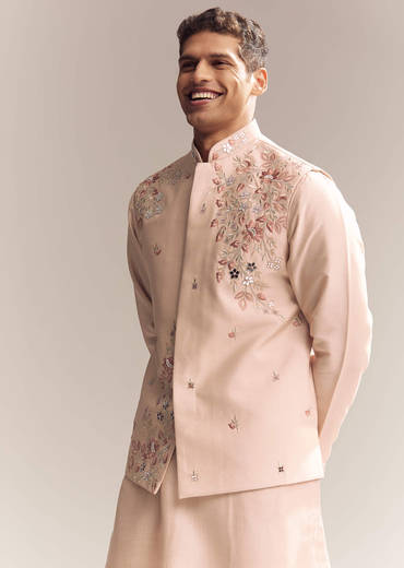 Peach Silk Kurta Jacket Set For Men With Heavy Embroidery