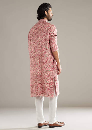Peach Silk Kurta Set For Men With Paisley Print