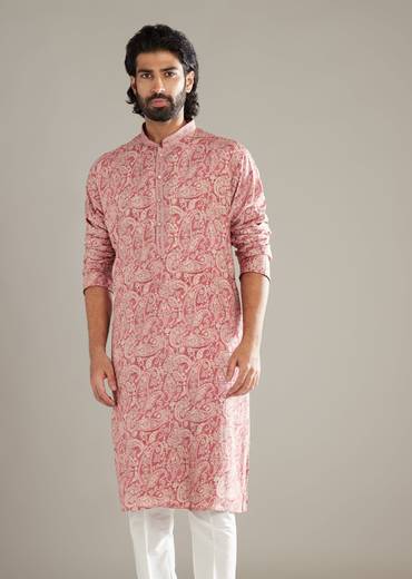 Peach Silk Kurta Set For Men With Paisley Print