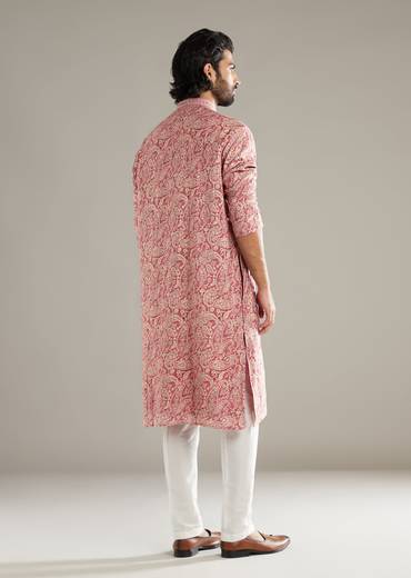 Peach Silk Kurta Set For Men With Paisley Print