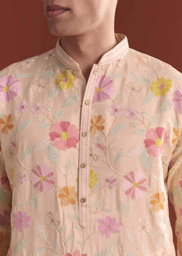 Peach Silk Kurta Set For Men With Thread Work