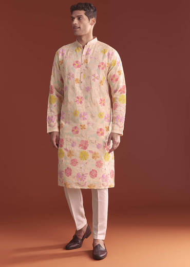 Peach Silk Kurta Set For Men With Thread Work