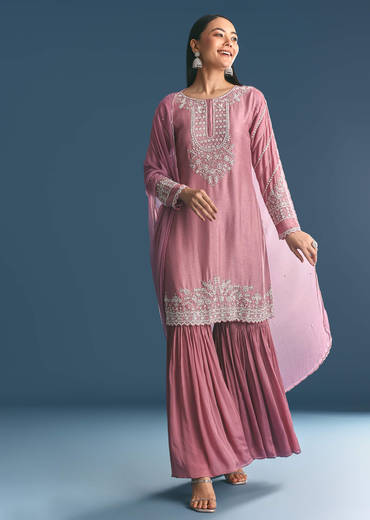 Onion pink Silk Kurta Sharara Suit With Moti Cutdana Work