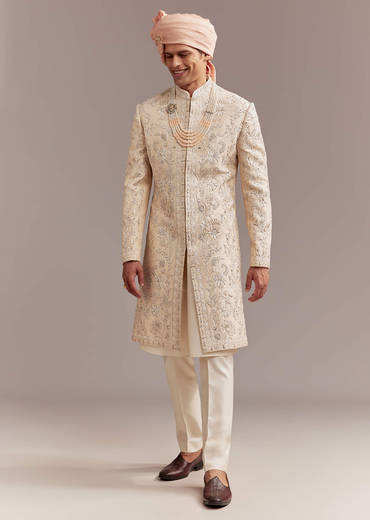 Peach Silk Sherwani For Groom With Floral And Paisley Motifs