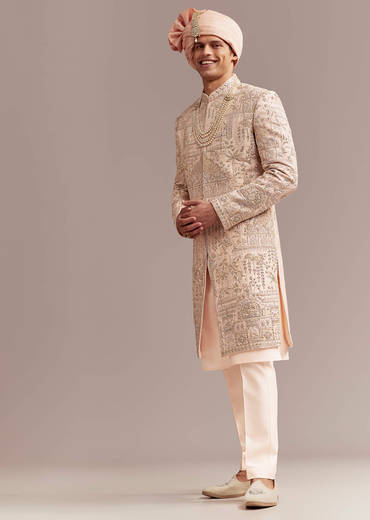 Peach Silk Sherwani For Groom With Zardosi And Sequins Embroidery