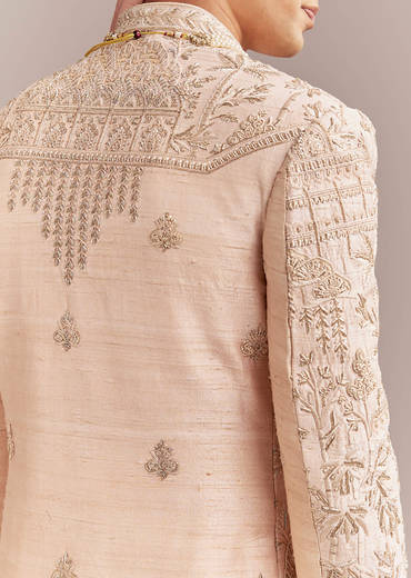 Peach Silk Sherwani For Groom With Zardosi And Sequins Embroidery
