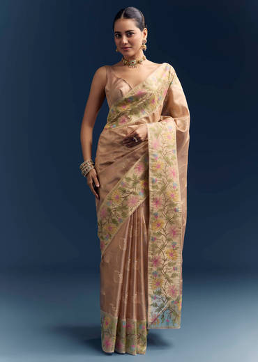 Peach Tissue Chanderi Silk Saree With Floral Resham Work