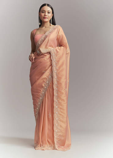 Peach Tissue Embroidered Saree With Heavy Hand Embroidery