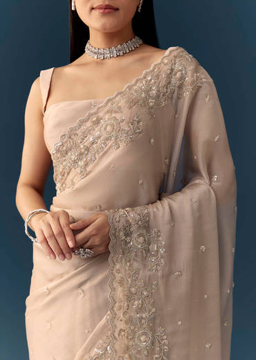 Peach Tissue Organza Cutwork Saree with Unstitched Blouse Fabric