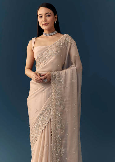 Peach Tissue Organza Cutwork Saree with Unstitched Blouse Fabric