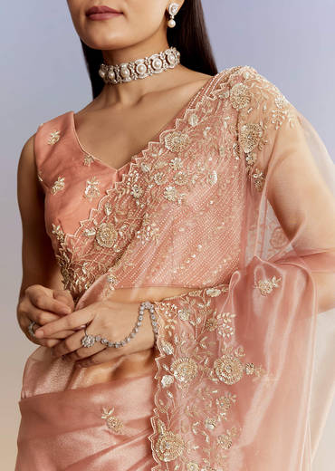 Peach Tissue Saree With Floral Moti And Cutdana Embroidery