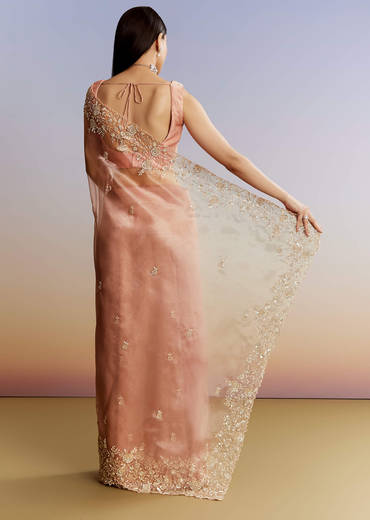 Peach Tissue Saree With Floral Moti And Cutdana Embroidery