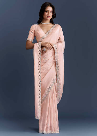 Peach Tissue Saree With Heavy Hand Embroidery