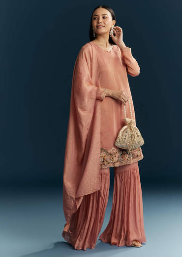 Peach Tissue Sharara Suit With Zardosi And Thread Work