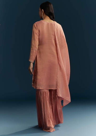 Peach Tissue Sharara Suit With Zardosi And Thread Work