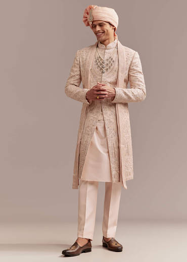 Peach Tissue Sherwani For Groom With Tonal Embroidery