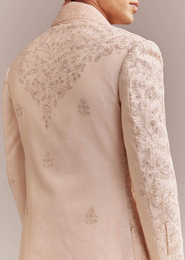 Peach Tissue Sherwani For Groom With Tonal Embroidery