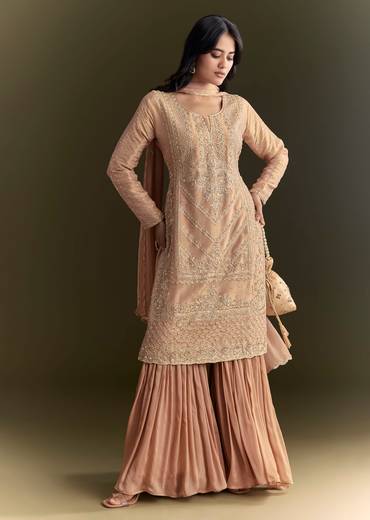 Peach Zardosi Moti Kurta And Cutdana Scallop Bordered Dupatta