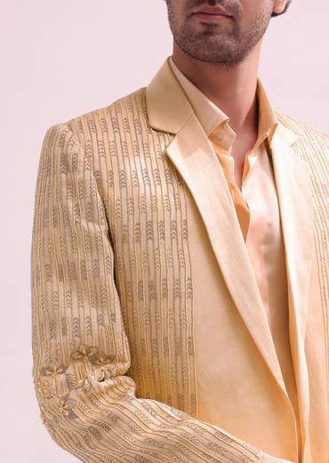 Peach Hand Embellished Lapel Tuxedo With Shirt And Pants