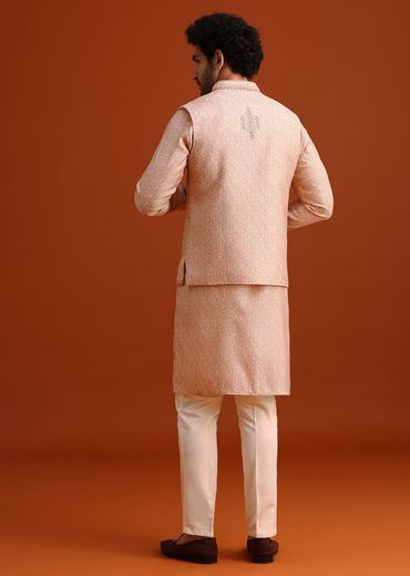 Peach Kurta And Jacket Set With Mirror Work