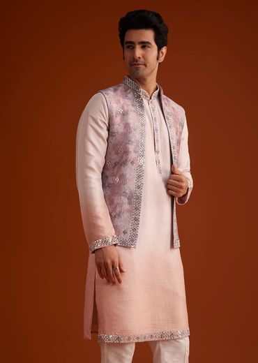 Peach Kurta Set With Embellished Nehru Jacket