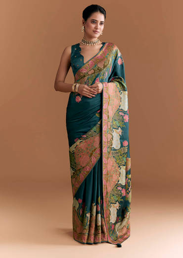 Peacock Blue Dola Silk Saree With Pichwai Weave And Embroidery