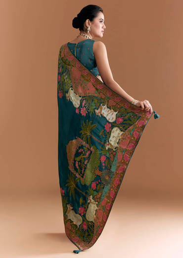 Peacock Blue Dola Silk Saree With Pichwai Weave And Embroidery