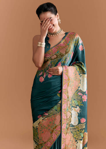 Peacock Blue Dola Silk Saree With Pichwai Weave And Embroidery