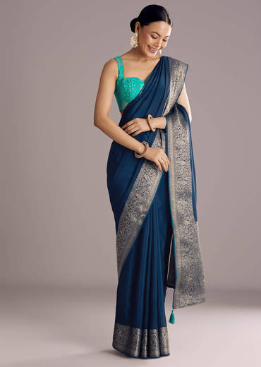 Peacock Blue Dola Silk Saree With Woven Border And Pallu