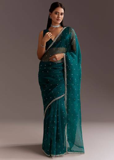 Teal Green Glass Tissue Saree With Cutdana And Sequins Scallop Border