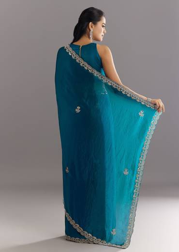 Peacock Blue Satin Saree With Gota Patti Embroidery And Scallop Border