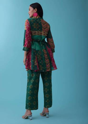 Peacock Green Printed Co-ord Set With Peplum Top In Silk - RE By Kalki