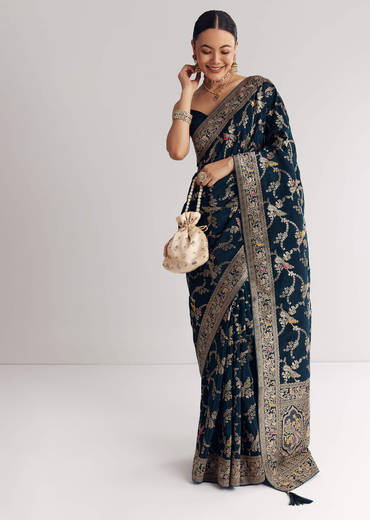 Peacok Blue Saree With Jaal Work And Embellished Stones All Over