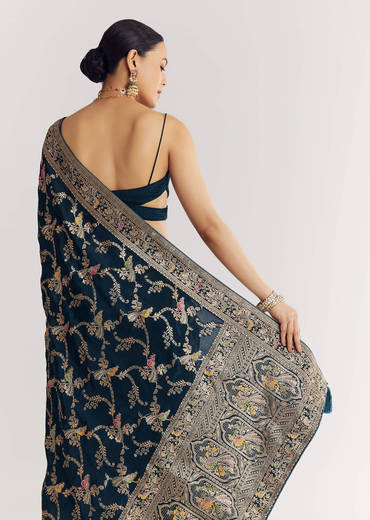 Peacok Blue Saree With Jaal Work And Embellished Stones All Over