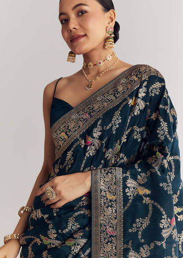 Peacok Blue Saree With Jaal Work And Embellished Stones All Over