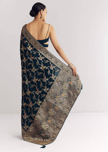 Peacok Blue Saree With Jaal Work And Embellished Stones All Over