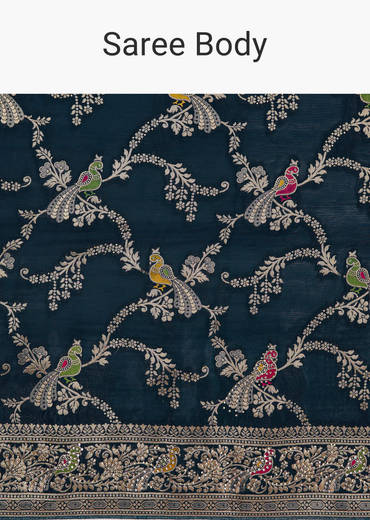 Peacok Blue Saree With Jaal Work And Embellished Stones All Over