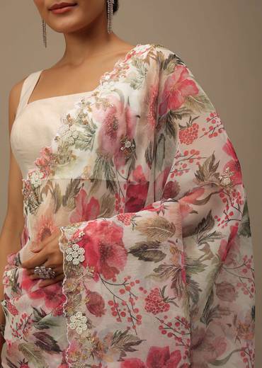 Pearl White Embroidered Organza Saree With Floral Print And Scallop Borders