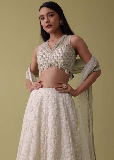 Pearl White Lehenga Suit Set In Georgette With Lucknowi Embroidery